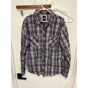 Micros Men's Plaid Long Sleeved Button Down Shirt, Purple, XL